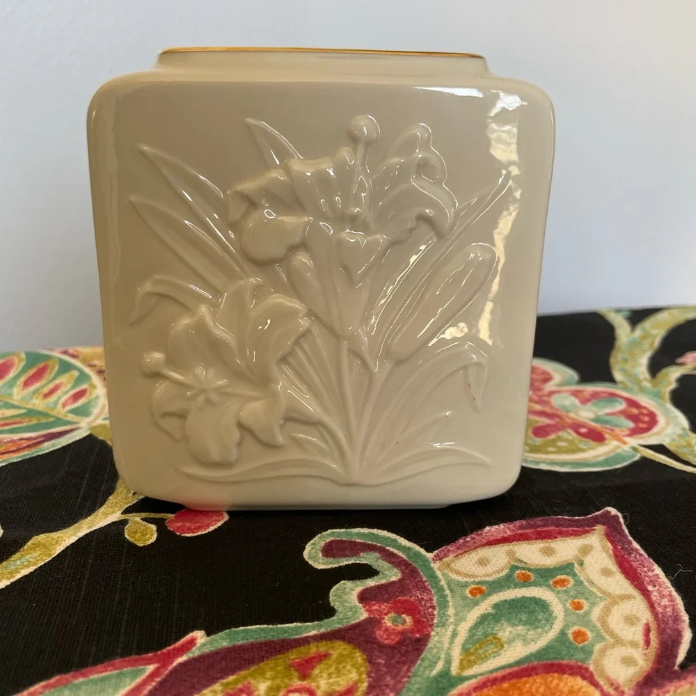 Set of Lenox Tiger Lily Square Vase & 2 Candle Holders